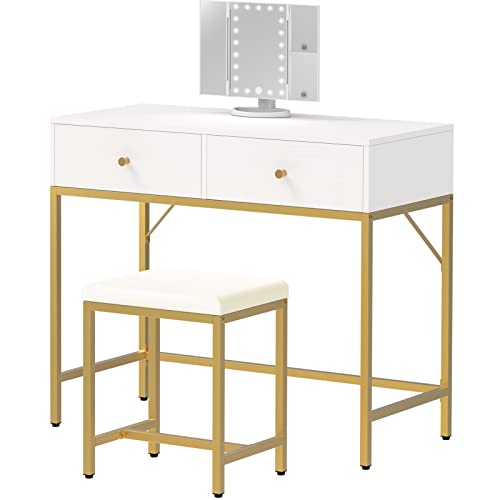 Makeup Vanity Desk with Lighted Mirror - White and Gold