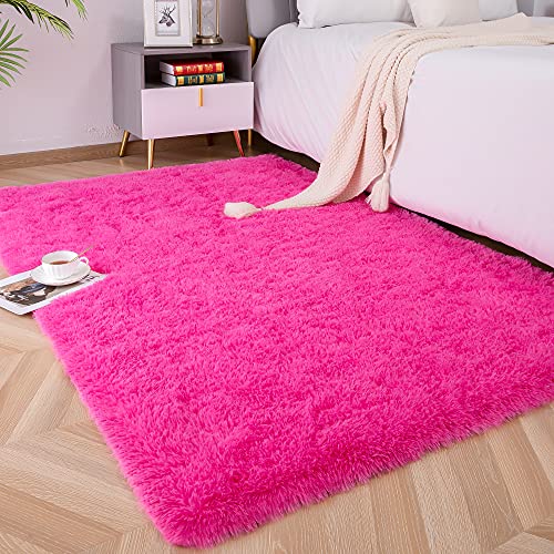 Soft Fluffy Area Rugs for Kids Room - Hot Pink