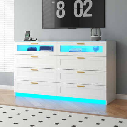 8 Drawer Dresser with LED Lights and Charging Station - White