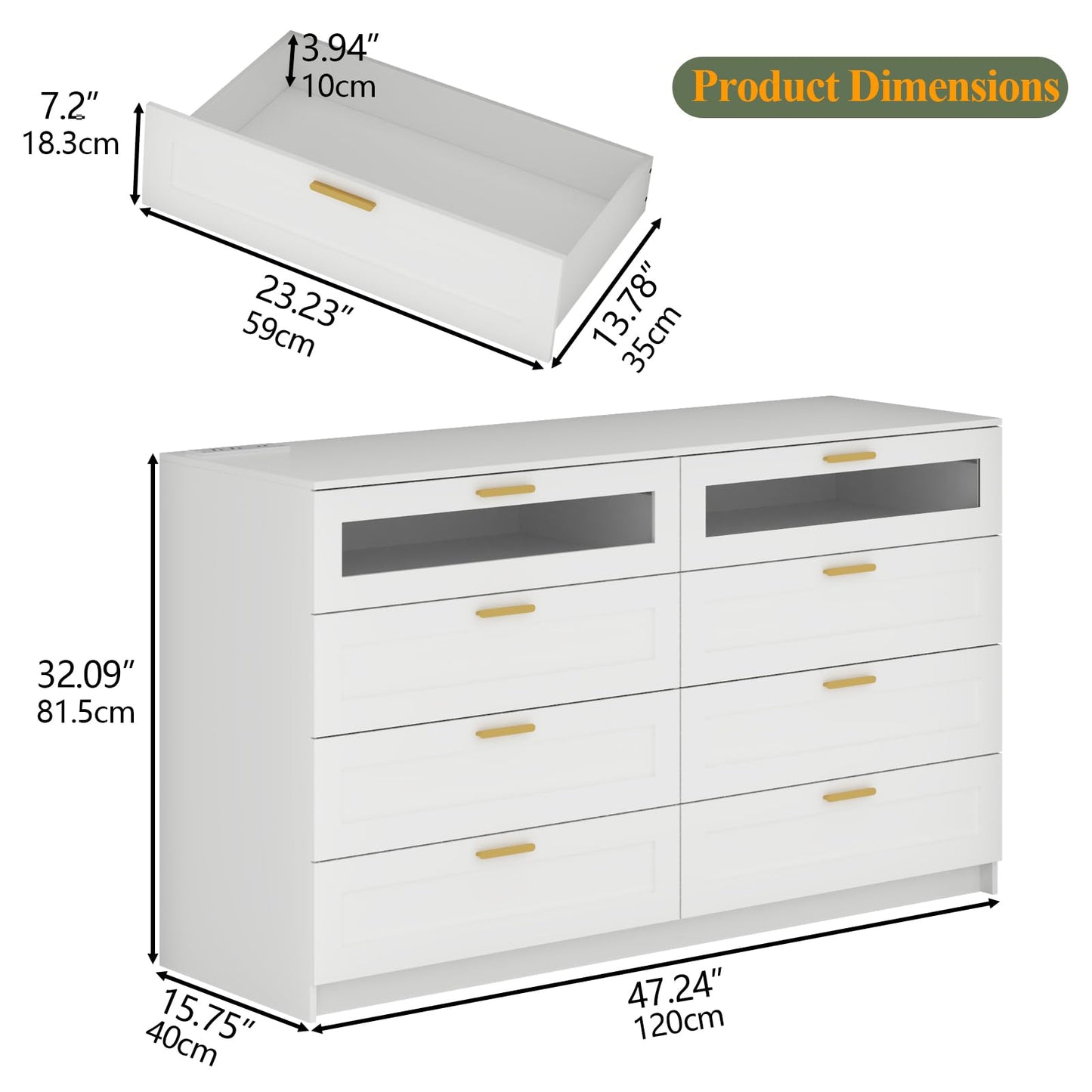 8 Drawer Dresser with LED Lights and Charging Station - White