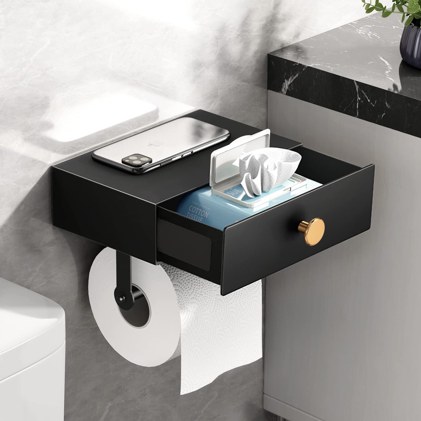 Toilet Paper Holder with Shelf and Drawer