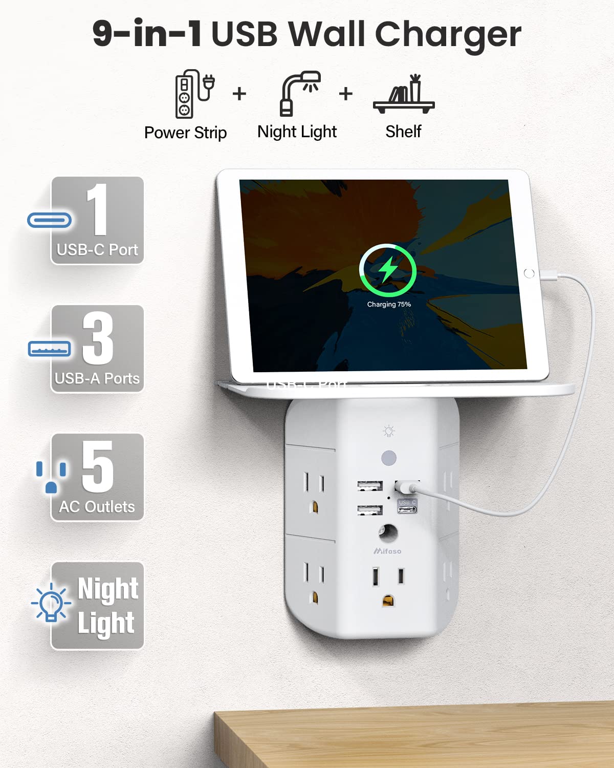 Wall Outlet Extender with Shelf and Night Light