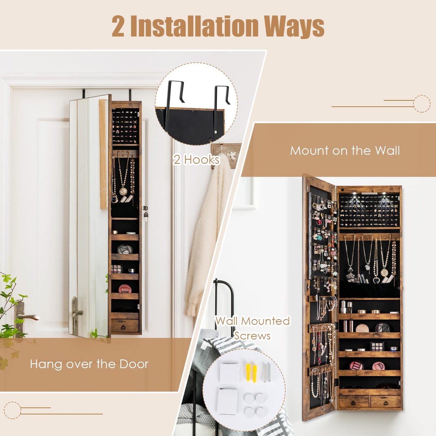 Wall Door Mounted Jewelry Armoire Cabinet with Mirror