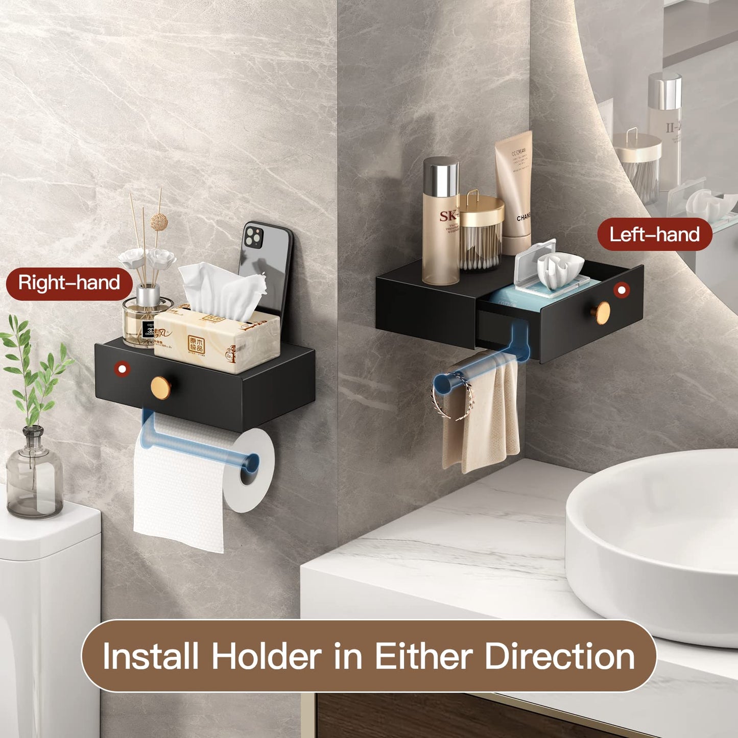 Toilet Paper Holder with Shelf and Drawer