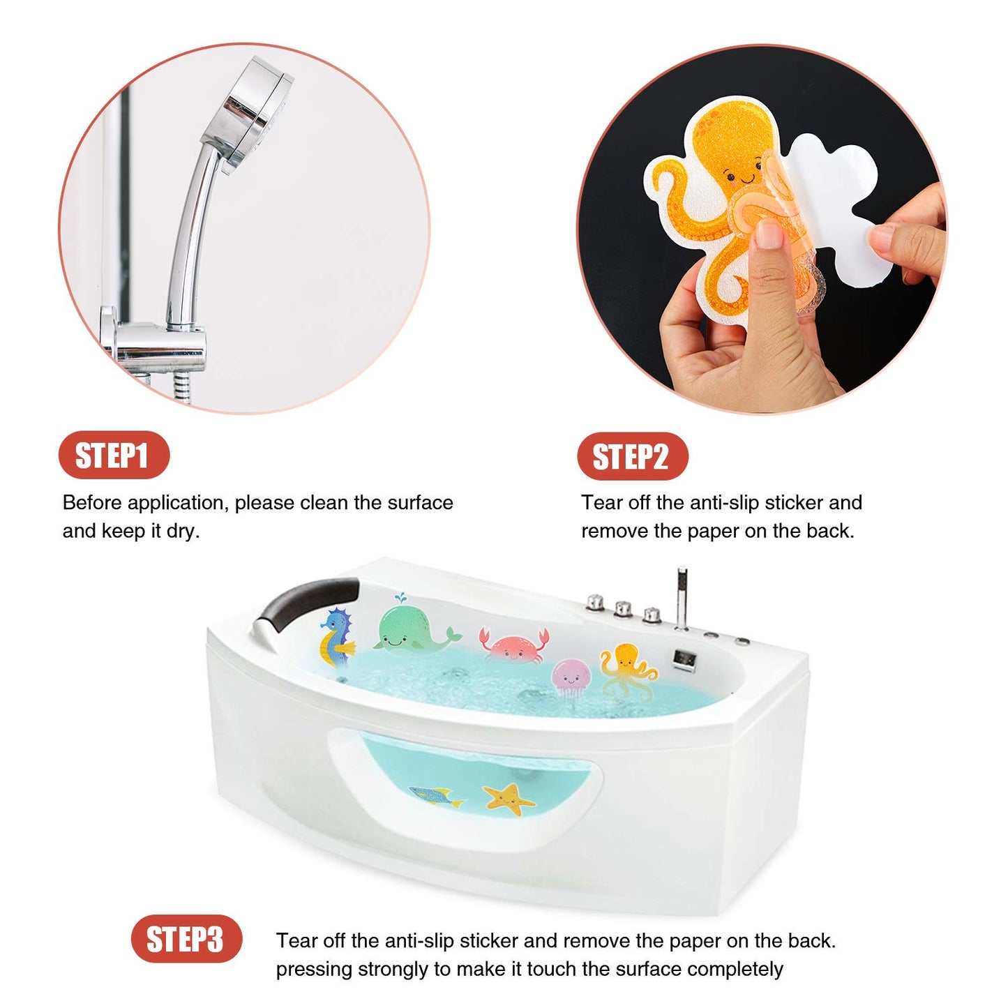 Non-Slip Bathtub Stickers for Kids - Sea Creatures Design