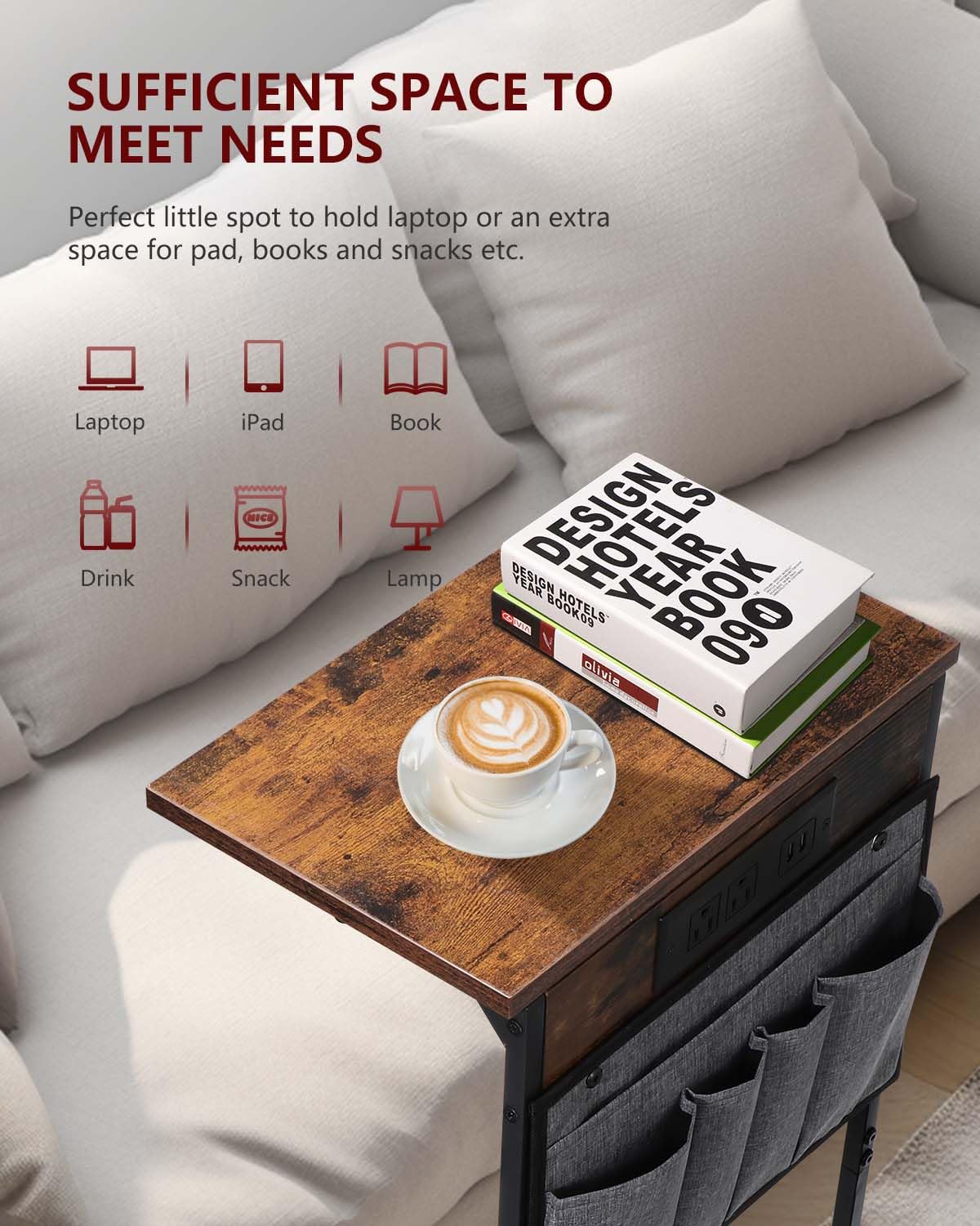 C Shaped End Table with Charging Station