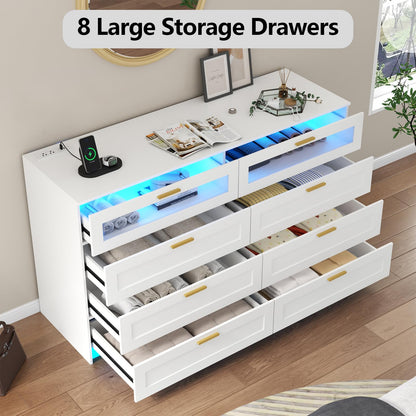 8 Drawer Dresser with LED Lights and Charging Station - White