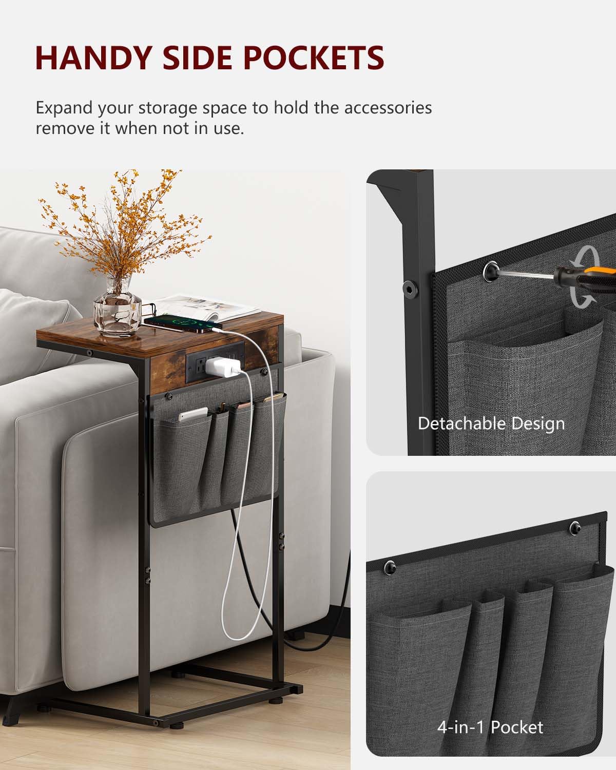C Shaped End Table with Charging Station