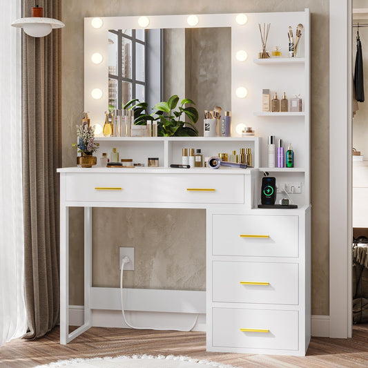 Makeup Vanity with Lights and Charging Station - White