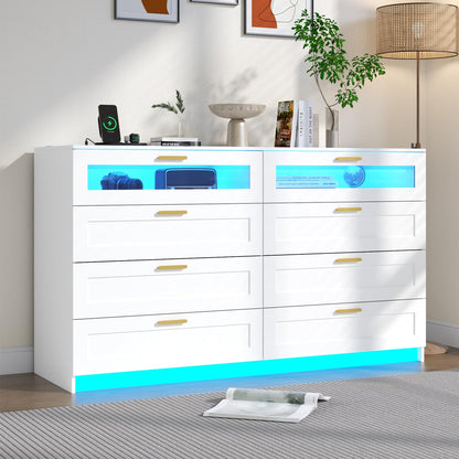 8 Drawer Dresser with LED Lights and Charging Station - White