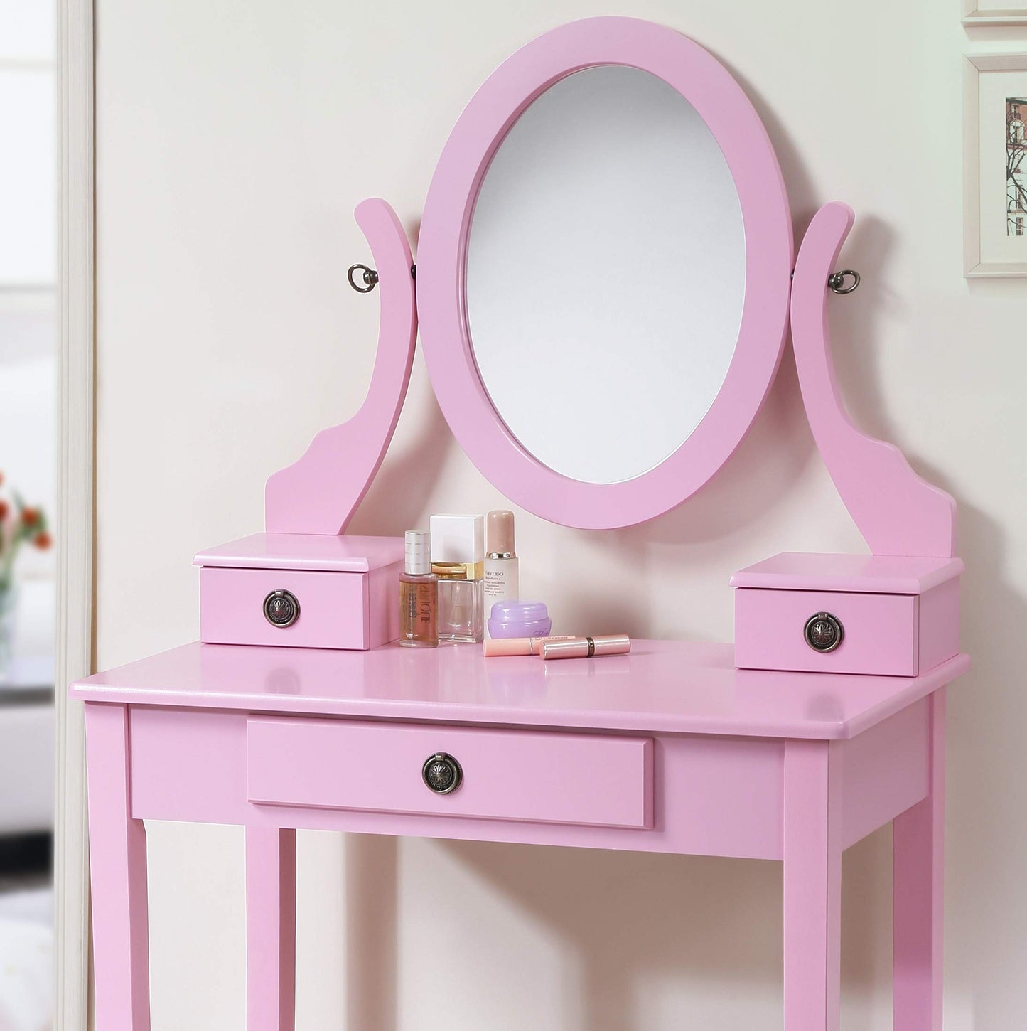 Pink Wood Makeup Vanity Table Set