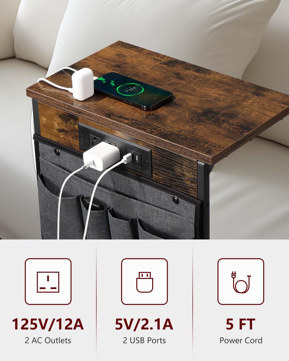 C Shaped End Table with Charging Station