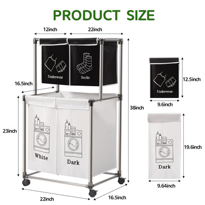 Laundry Sorter with Wheels and Removable Bags