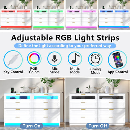 8 Drawer Dresser with LED Lights and Charging Station - White