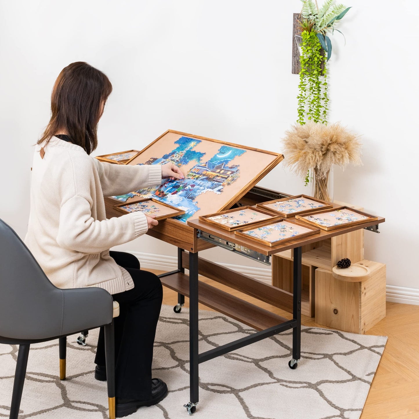 Foldaway Adjustable Puzzle Table with Storage Trays