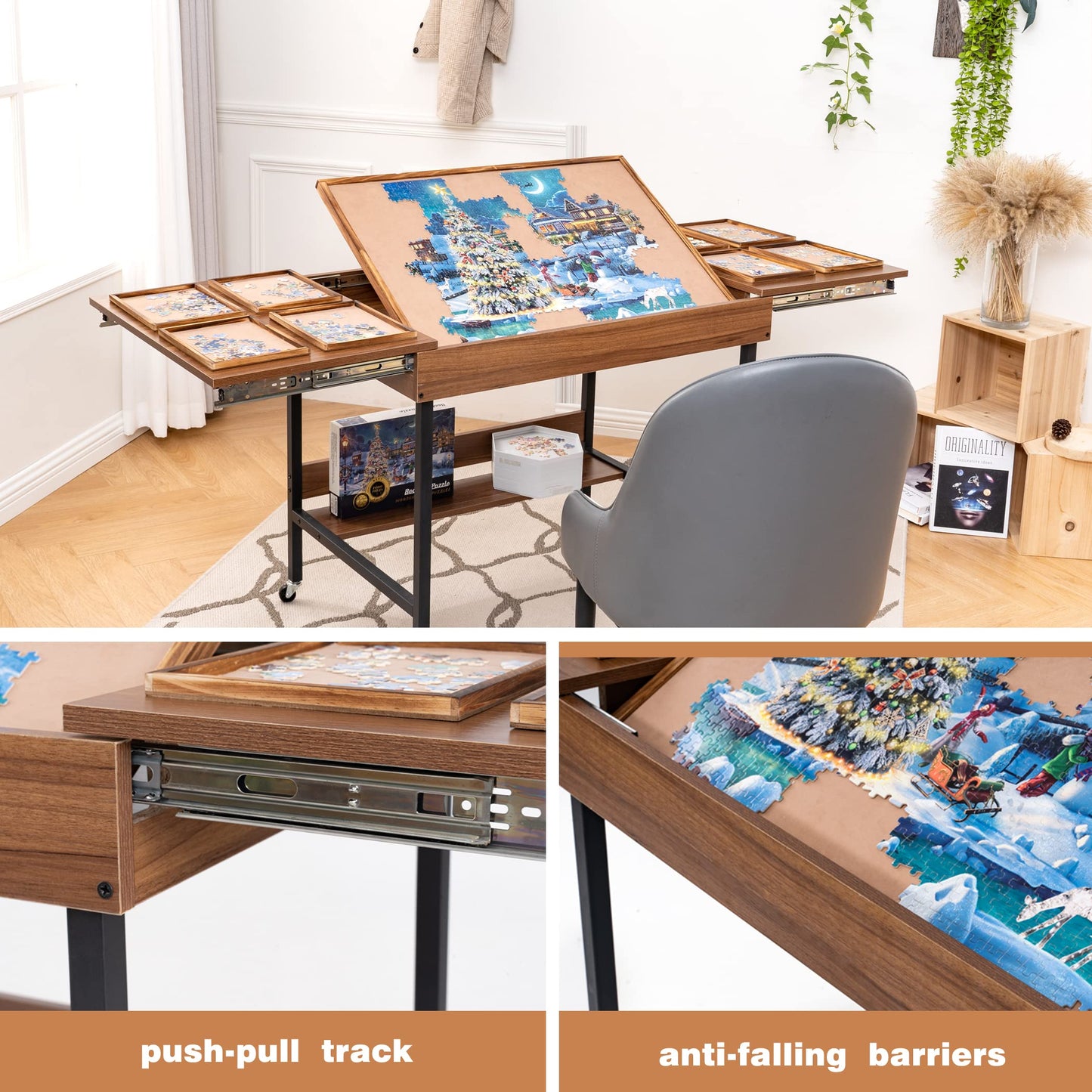 Foldaway Adjustable Puzzle Table with Storage Trays