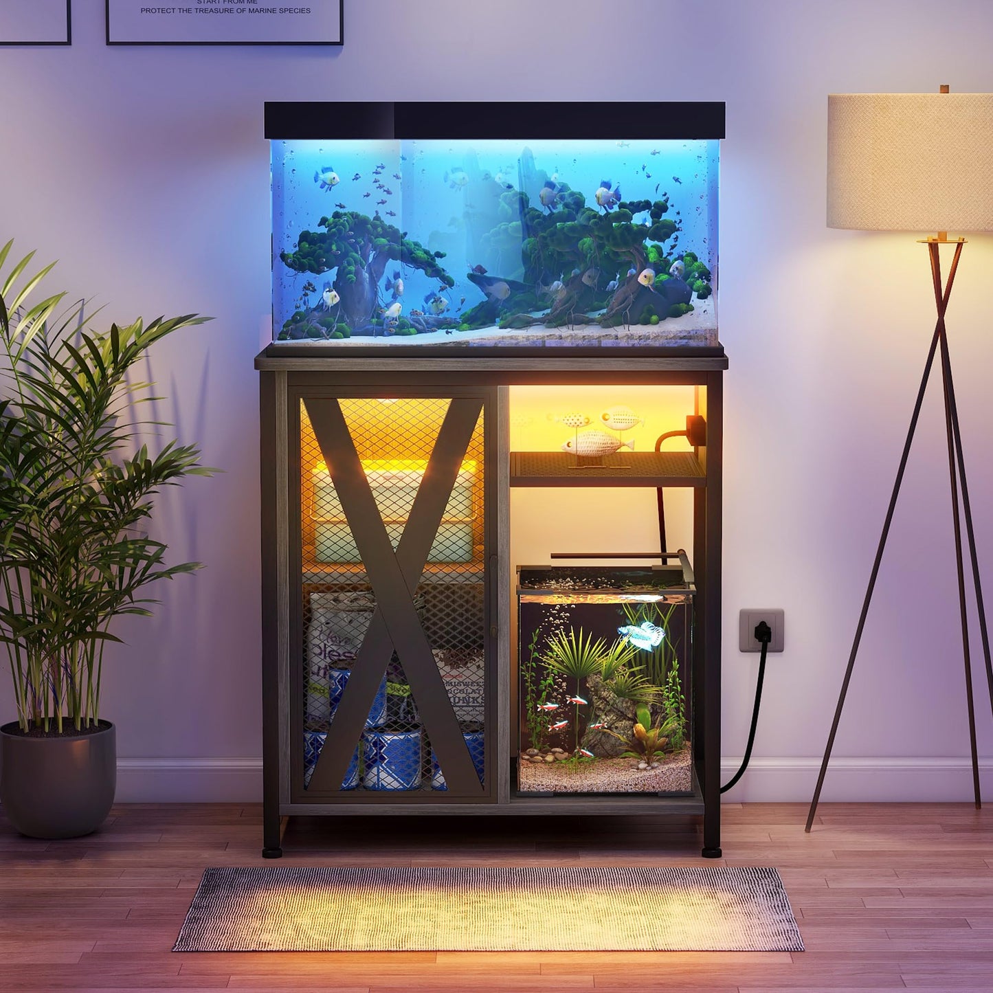 Aquarium Stand with Power Outlets & LED Light