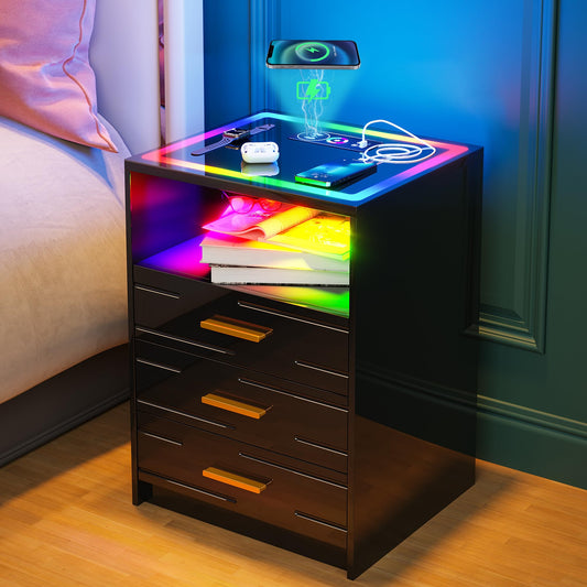 LED Nightstand with Wireless Charging and Drawers - Black