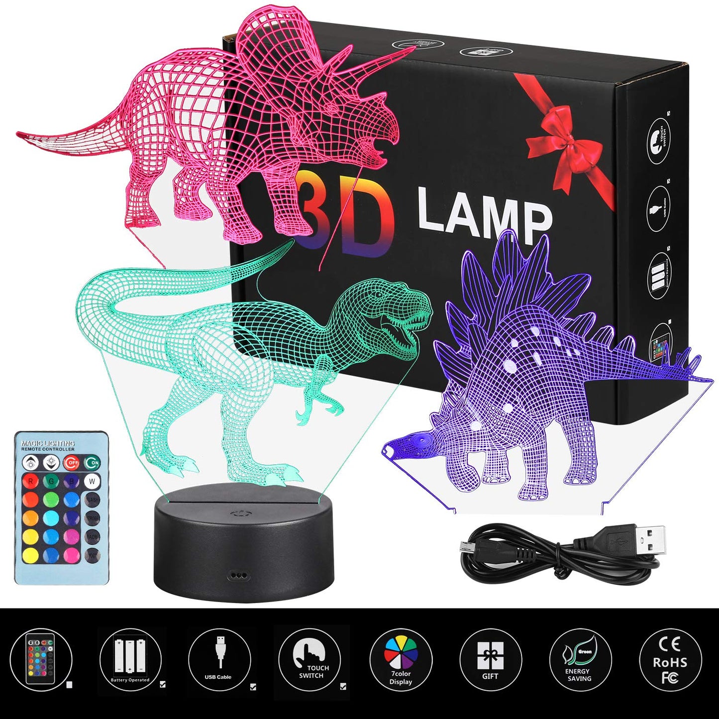 3D Dinosaur Night Light with Remote Control