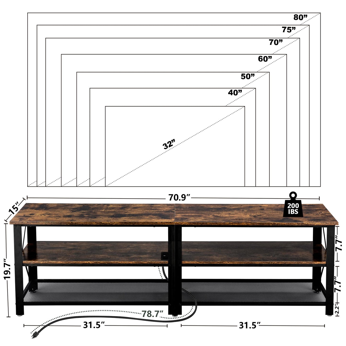 Modern Metal TV Stand with LED Lights - 71"