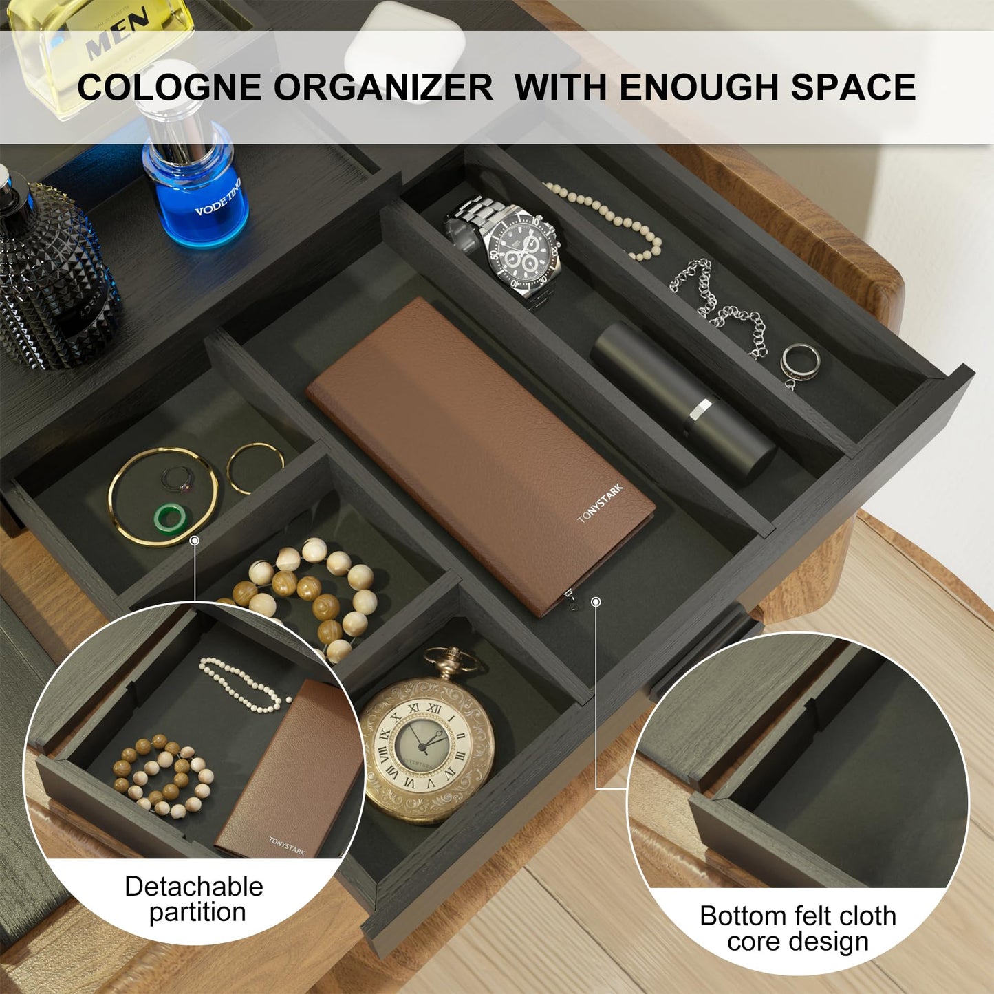 Wooden Cologne Organizer - 3-Tier Stand with Drawer