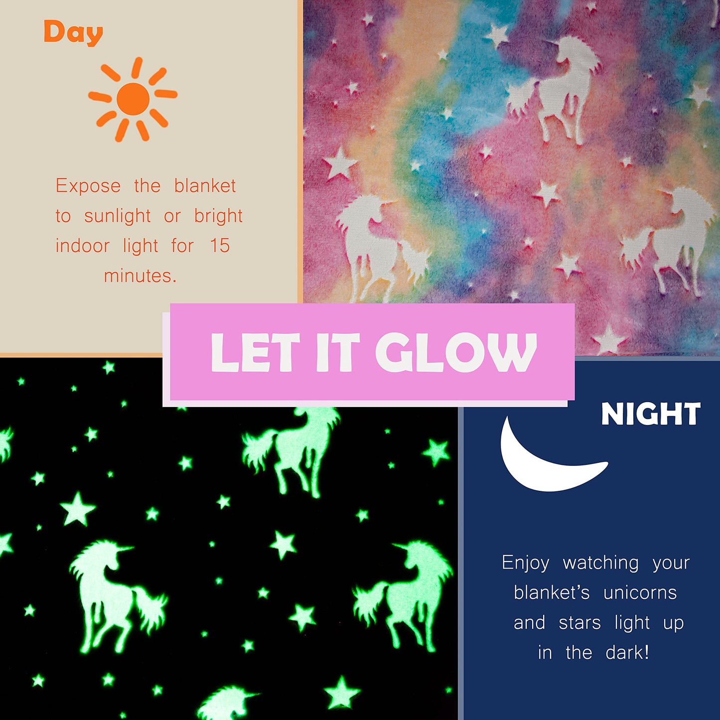 Glow in The Dark Unicorn Throw Blanket - Rainbow Color