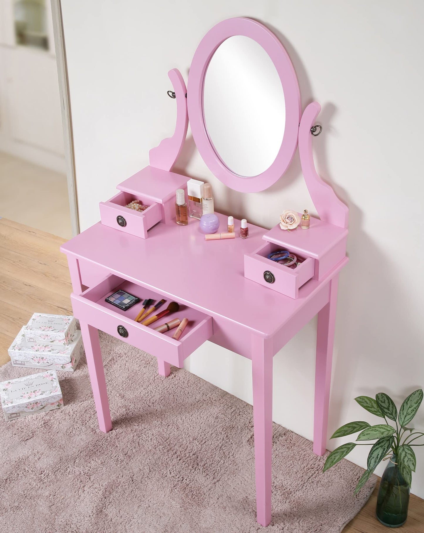 Pink Wood Makeup Vanity Table Set