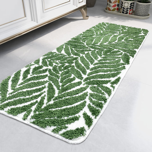 Non-Slip Bathroom Runner Rug - Dark Green Leaf Design