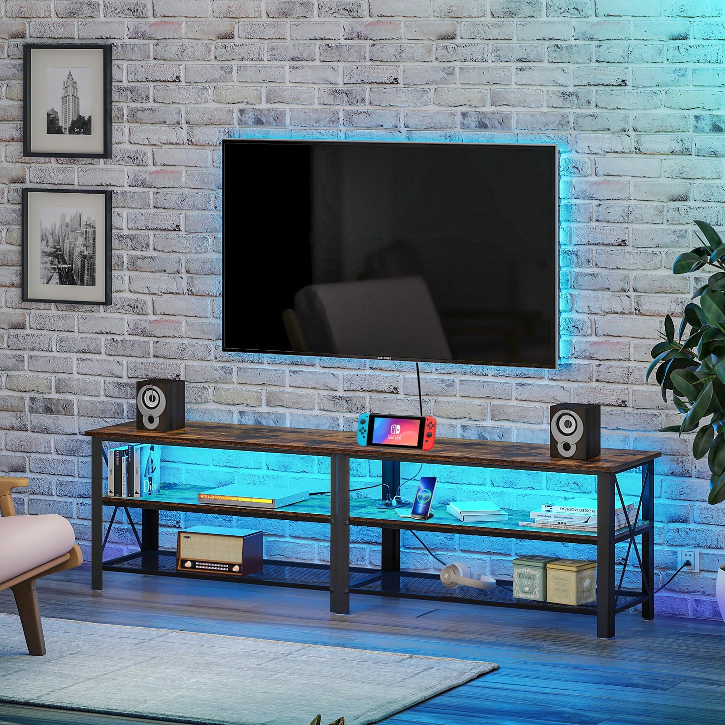 Modern Metal TV Stand with LED Lights - 71"